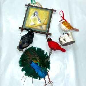 BIRD Ornaments LOT of 5 blue Jay red Cardinal, feather peacock, Canadian goose